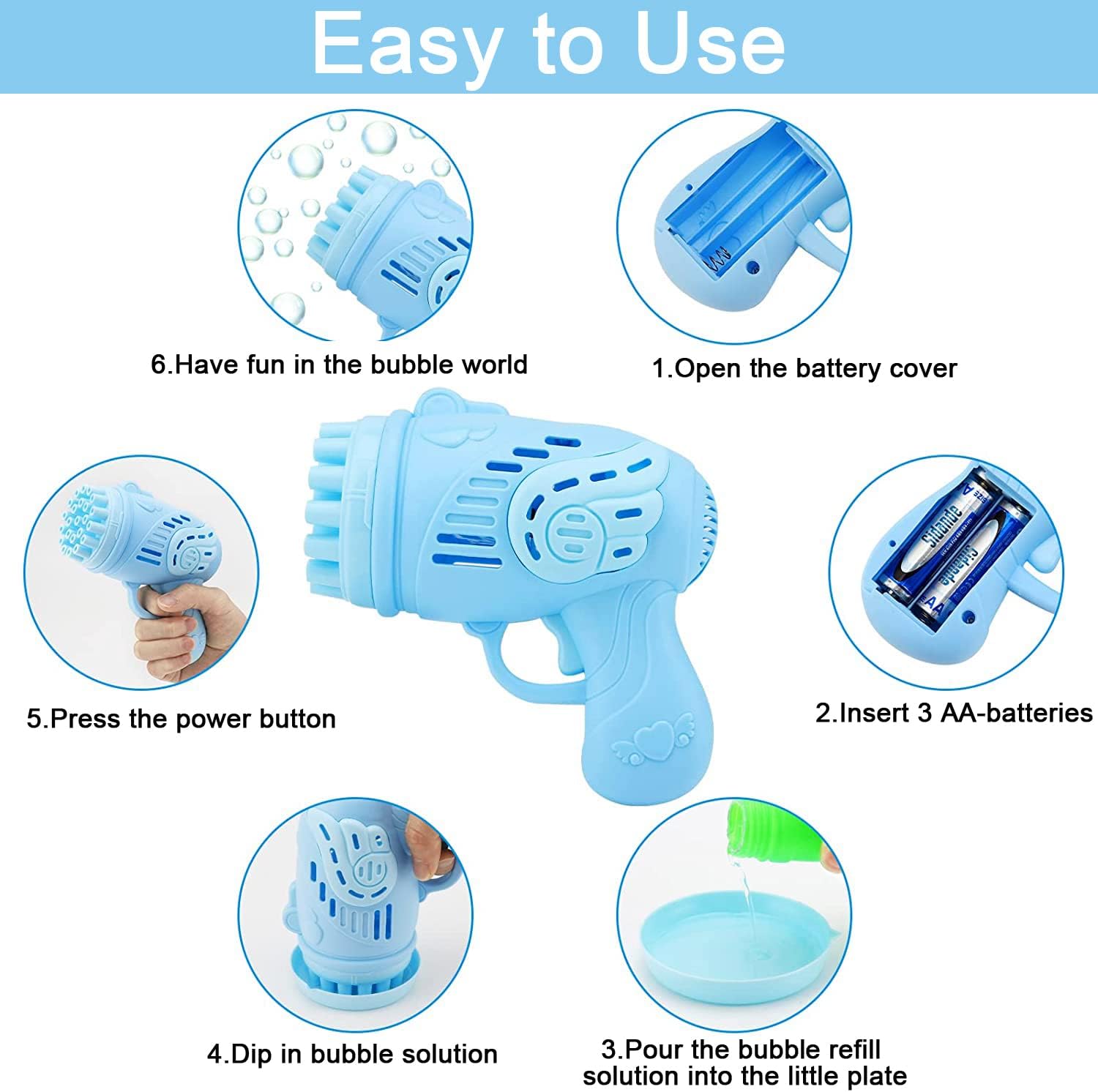 Pistol de facut baloane din sapun, Zola, solutie inclusa, alimentare baterii, plastic, 15 x 15 cm, albastru Pistol de facut baloane din sapun, Zola, solutie inclusa, alimentare baterii, plastic, 15 x 15 cm, albastru